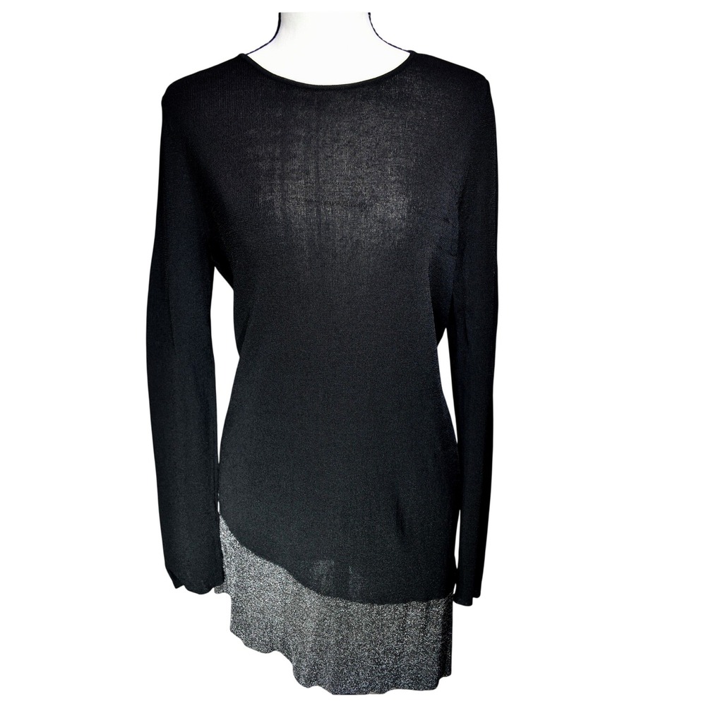 Eileen Fisher Black Metallic Silver Asymmetrical Hem Tunic Sweater Medium